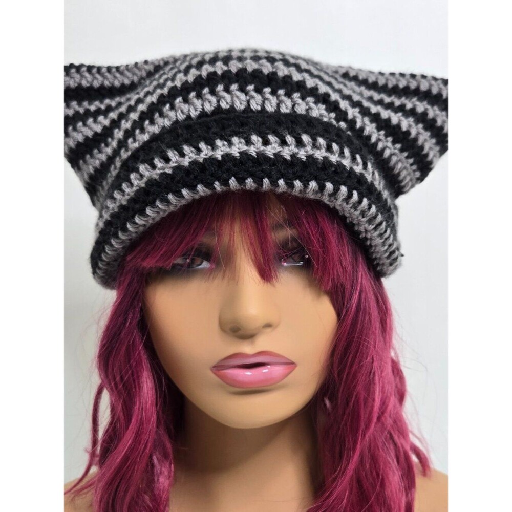 Handmade Crochet Cat Ear Beanie, Striped Acrylic Kitty Hat Black Gray